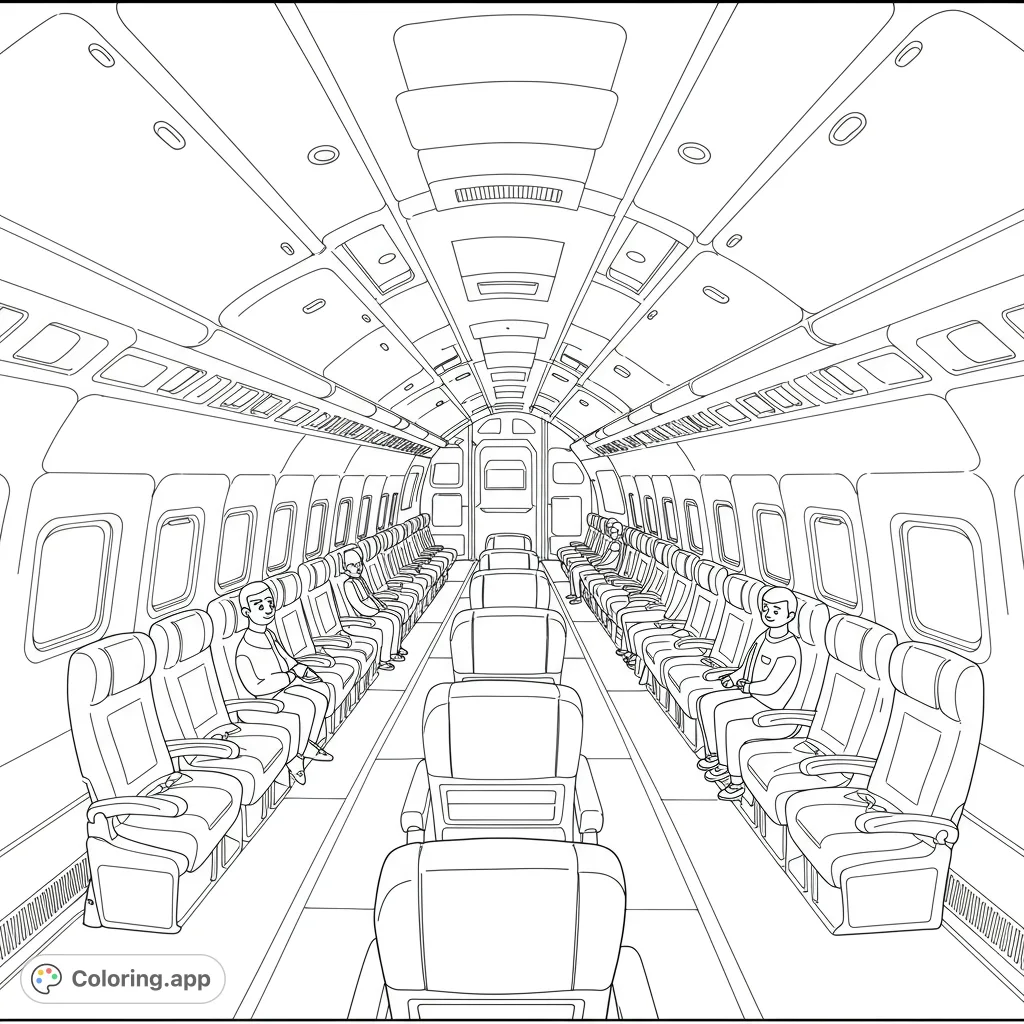 Explore a detailed airplane cabin interior with rows of seats, passengers, and overhead compartments. A free printable airplane coloring page for travel enthusiasts.