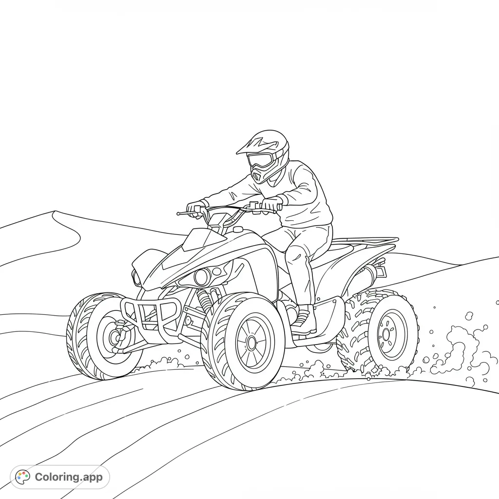 Dynamic ATV rider on sand dunes, kicking up dust. A thrilling off-road adventure coloring page for all ages.