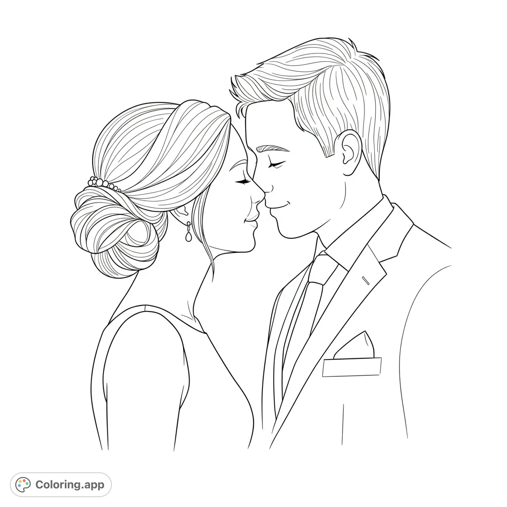 A beautiful wedding coloring page featuring a bride and groom in a tender profile kiss. Perfect for celebrating love and special occasions. Free printable coloring page.