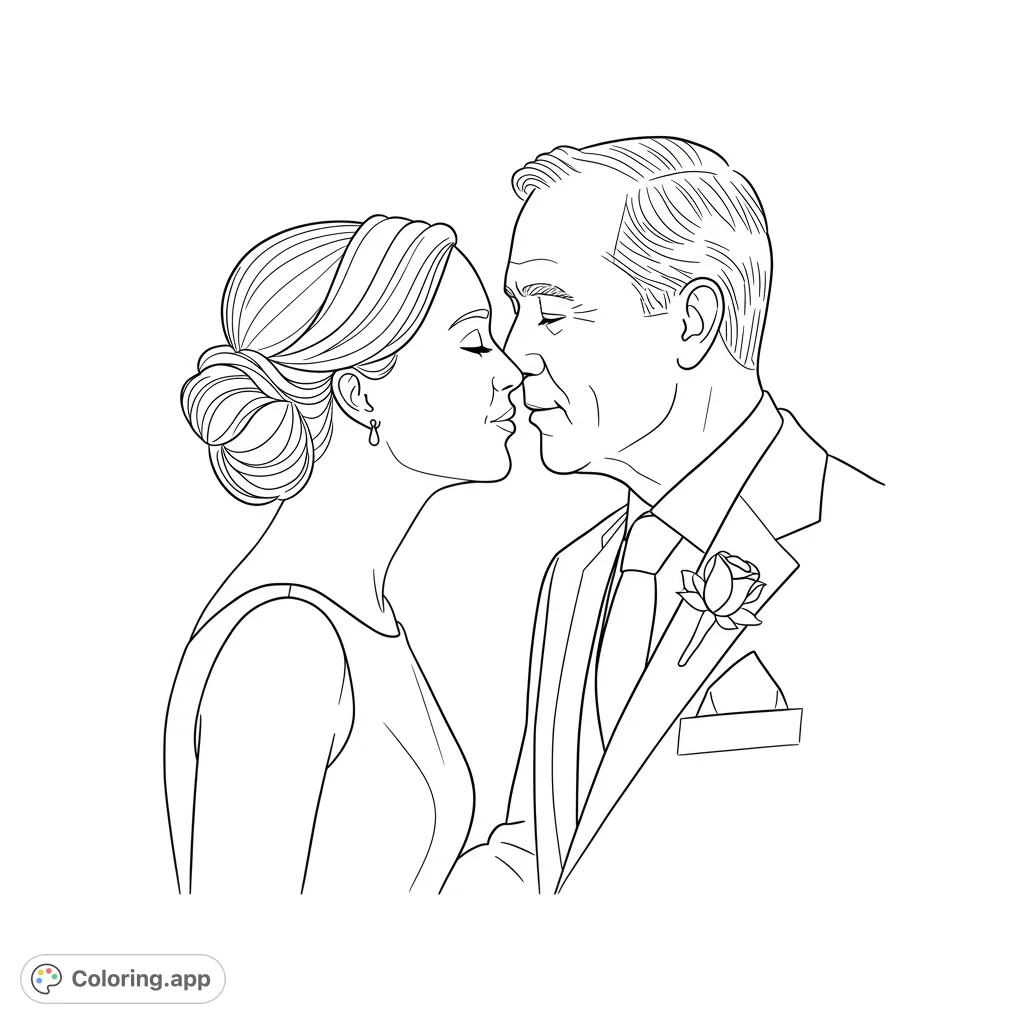 A tender black and white line drawing of a bride and groom, shoulders up, sharing a loving kiss, perfect for a romantic wedding coloring page.