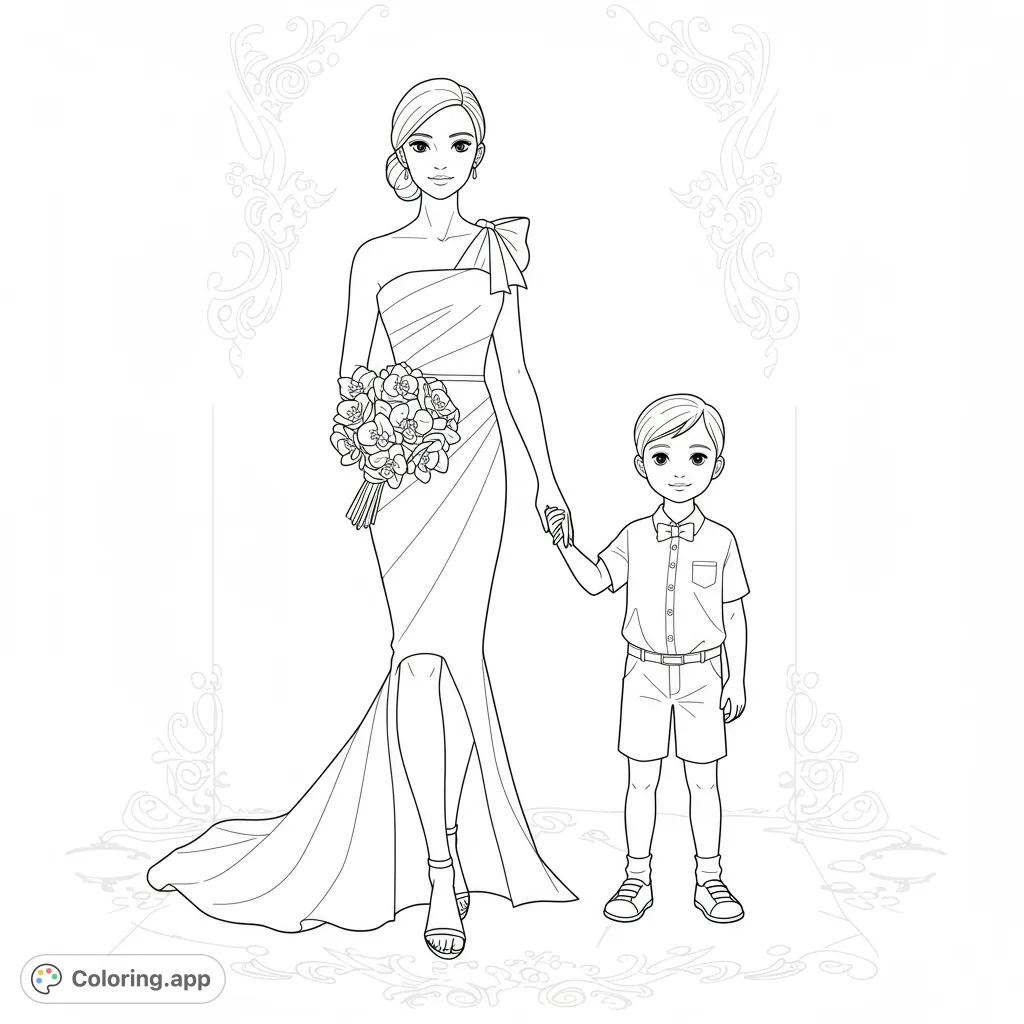 A beautiful wedding coloring page featuring a bride in an elegant dress holding hands with a charming young ring bearer. Perfect for celebrating special moments.