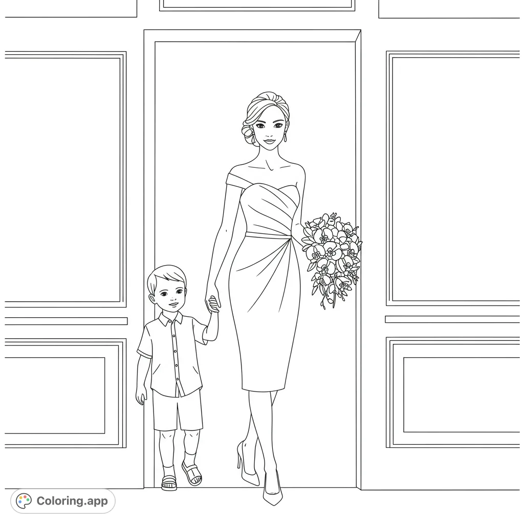 A heartwarming wedding coloring page featuring a bride in an elegant dress holding hands with a charming ring bearer, walking through grand doors.