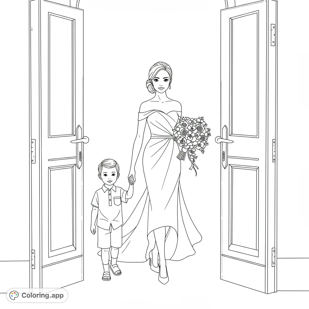 A heartwarming wedding coloring page featuring a bride in an elegant dress holding hands with a charming ring bearer, walking through grand doors.