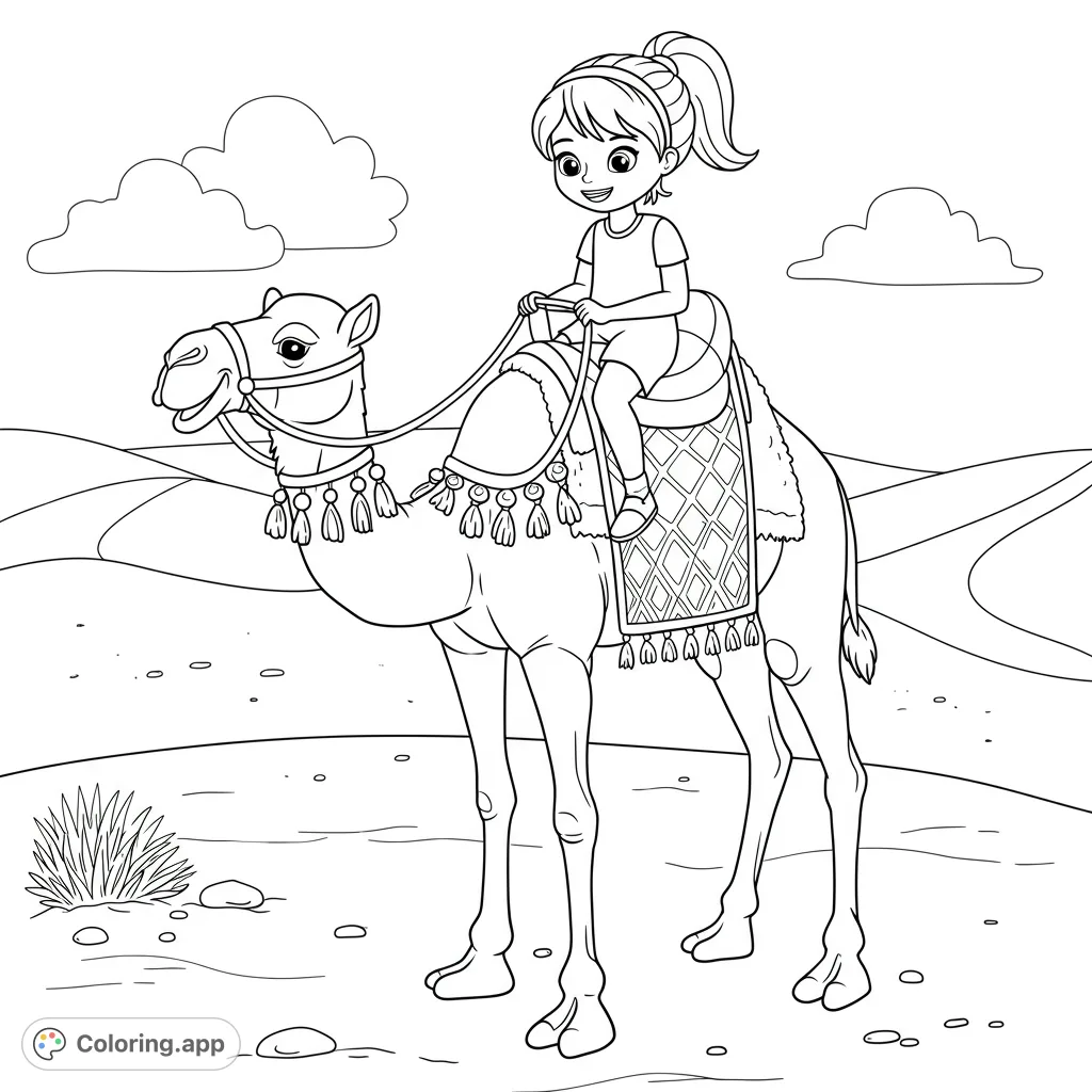 A cheerful girl on a majestic camel in a desert landscape, ready for a coloring adventure. Perfect for kids and adults seeking a fun, free printable coloring page.