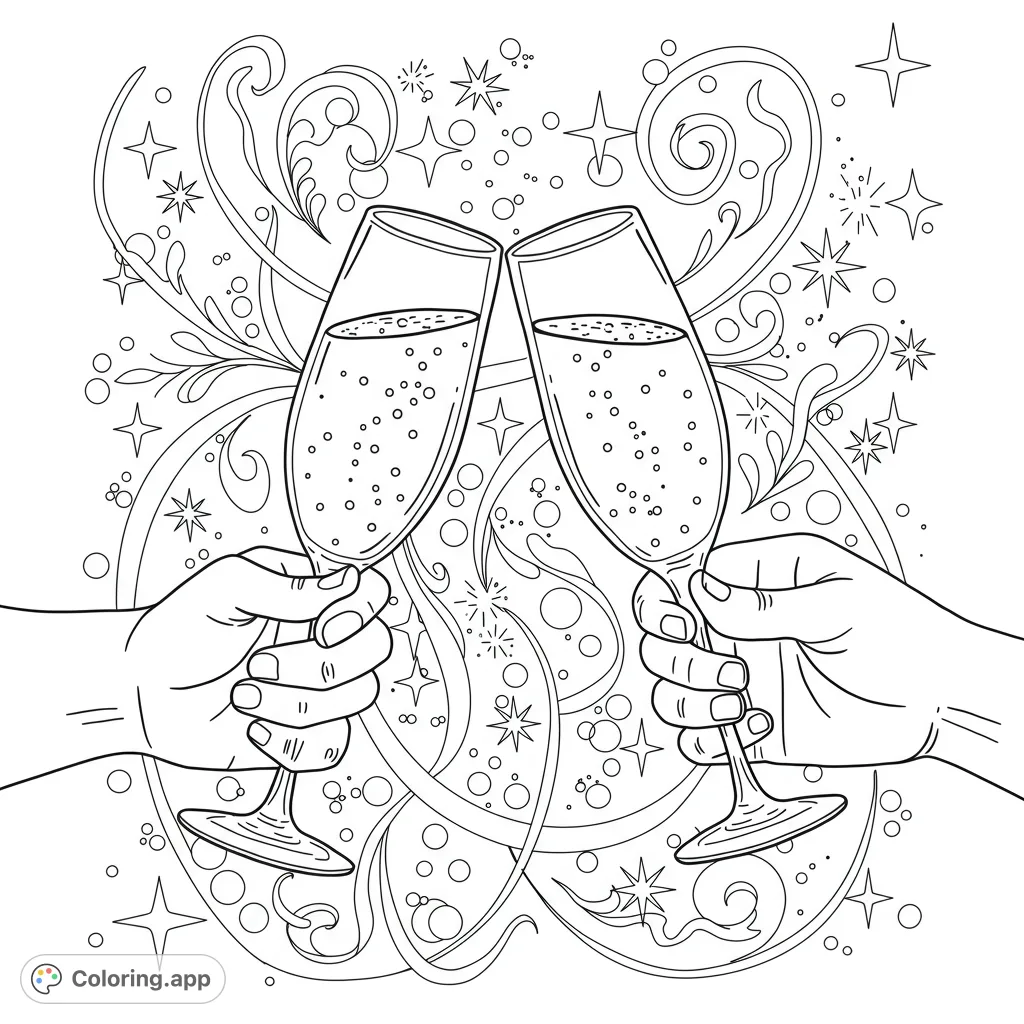 A festive black and white line drawing of two hands clinking champagne glasses, filled with effervescent bubbles, perfect for celebration.