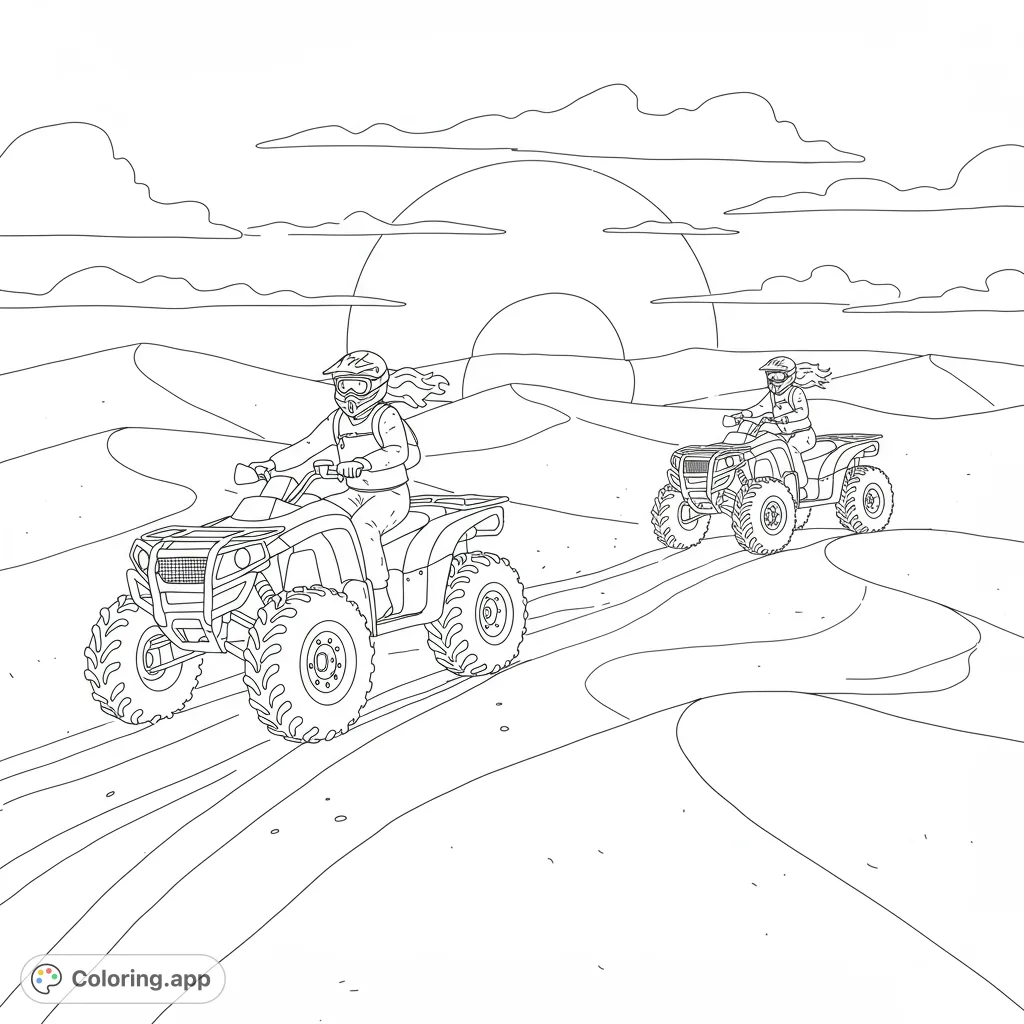 Thrilling desert ATV adventure coloring page featuring two riders speeding across sand dunes under a setting sun. Perfect for action-packed creativity!