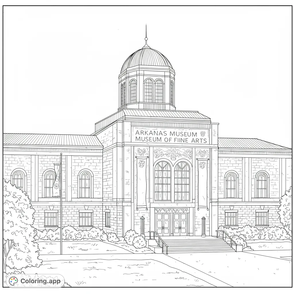 Color a majestic museum with a grand dome, intricate details, and lush landscaping. A free printable architectural coloring page for all ages.