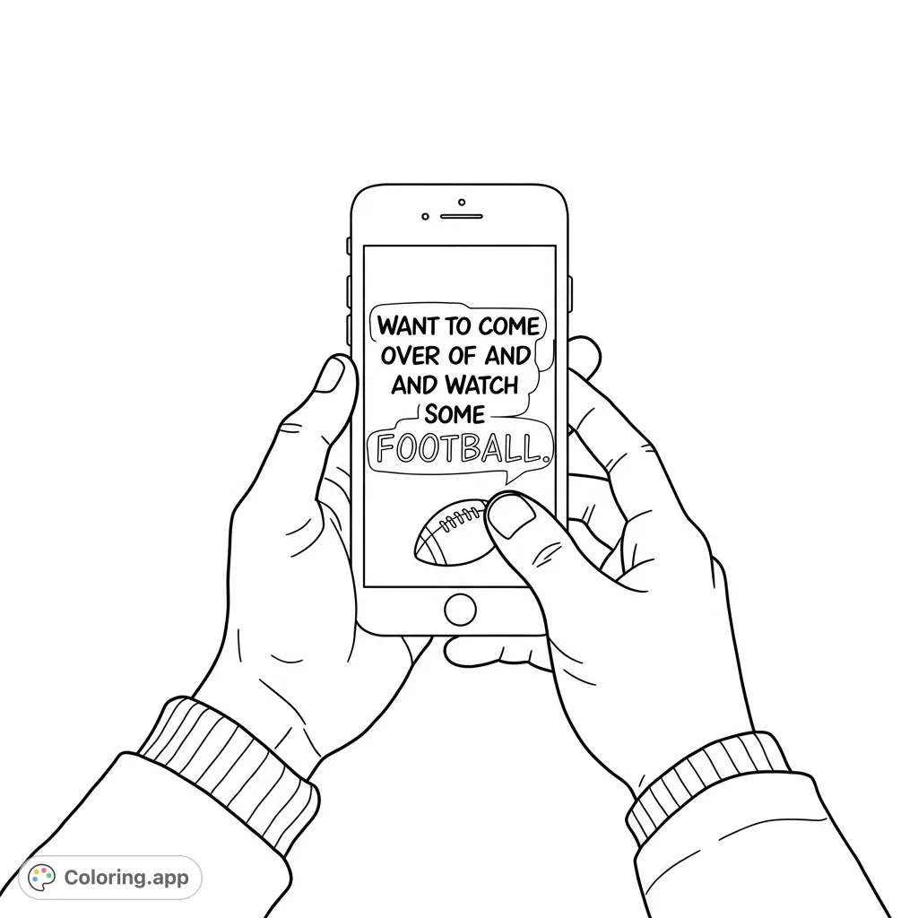 A detailed line drawing of hands holding a smartphone, featuring a blank screen ready for creative expression. A modern tech coloring page.