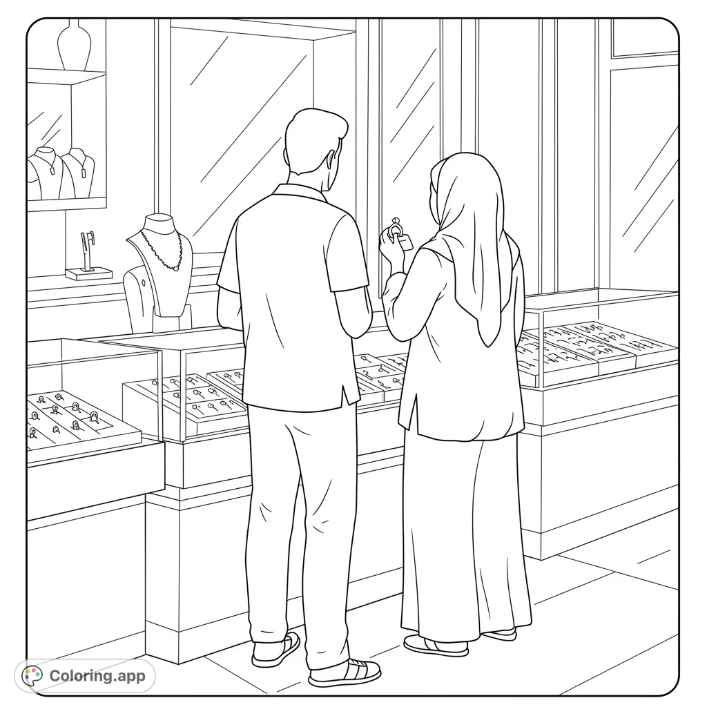 A man and woman browse a detailed jewelry store, with the woman examining a ring. A perfect shopping-themed free printable coloring page.