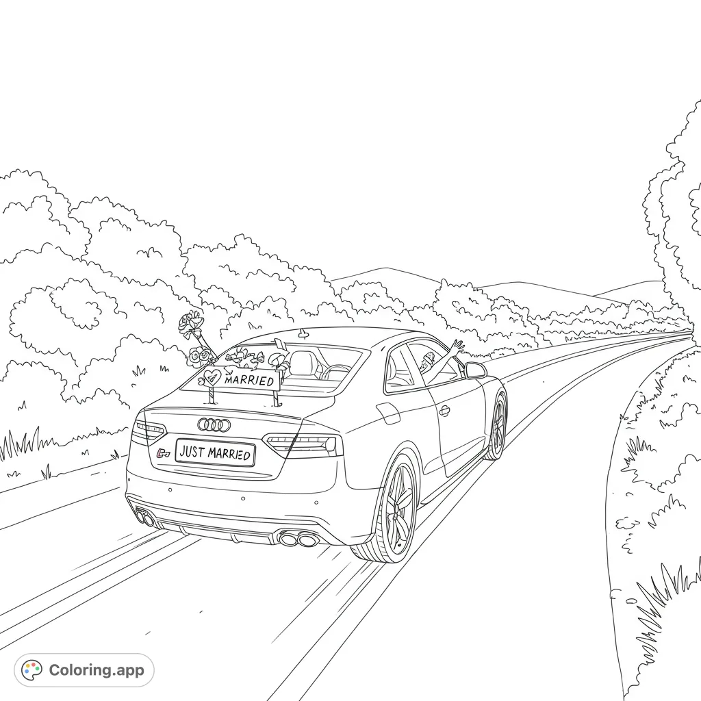 Celebrate love with this free printable Just Married Audi coloring page! A sleek coupe drives away, adorned with a sign and cans, perfect for all ages.