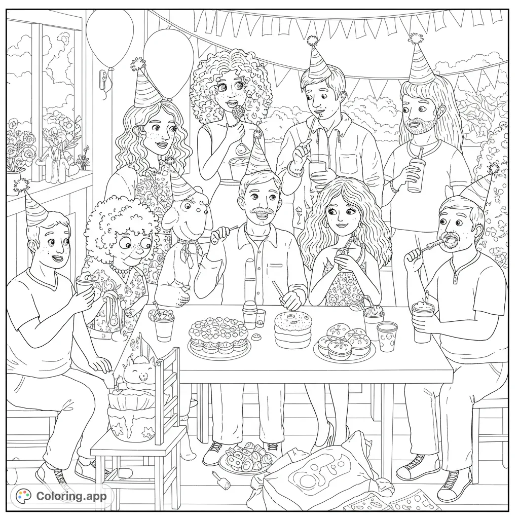 A vibrant party scene with diverse characters, festive decorations, and delicious treats, perfect for a fun coloring experience.