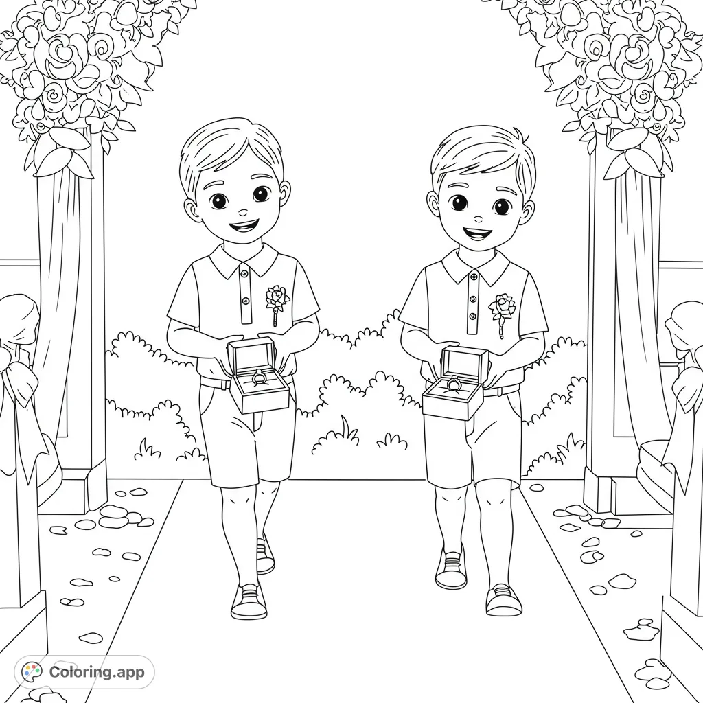 Two happy ring bearer boys walk down a wedding aisle with rings. A charming wedding coloring page for kids and adults.