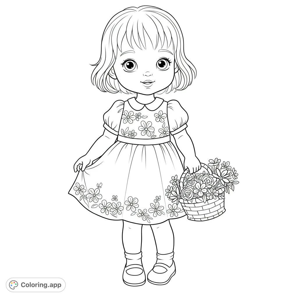 A charming little girl in a floral dress holds a basket of flowers, perfect for a delightful coloring experience. Free printable coloring page.