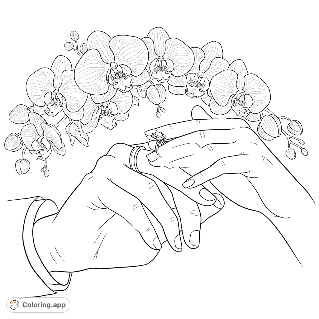 Celebrate love with this beautiful wedding ring exchange coloring page. Features hands, intricate rings, and elegant orchids for a romantic touch.