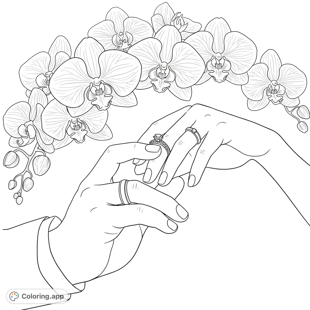 Capture the tender moment of a wedding ring exchange with this beautiful black and white line drawing, featuring intricate rings, delicate hands, and elegant orchids.