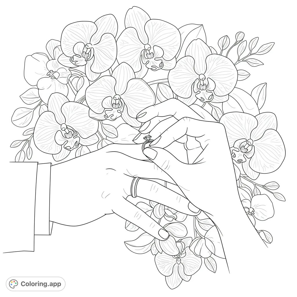 A beautiful wedding coloring page featuring hands exchanging a ring amidst elegant orchids. Perfect for celebrating love and special moments. Free printable coloring page.