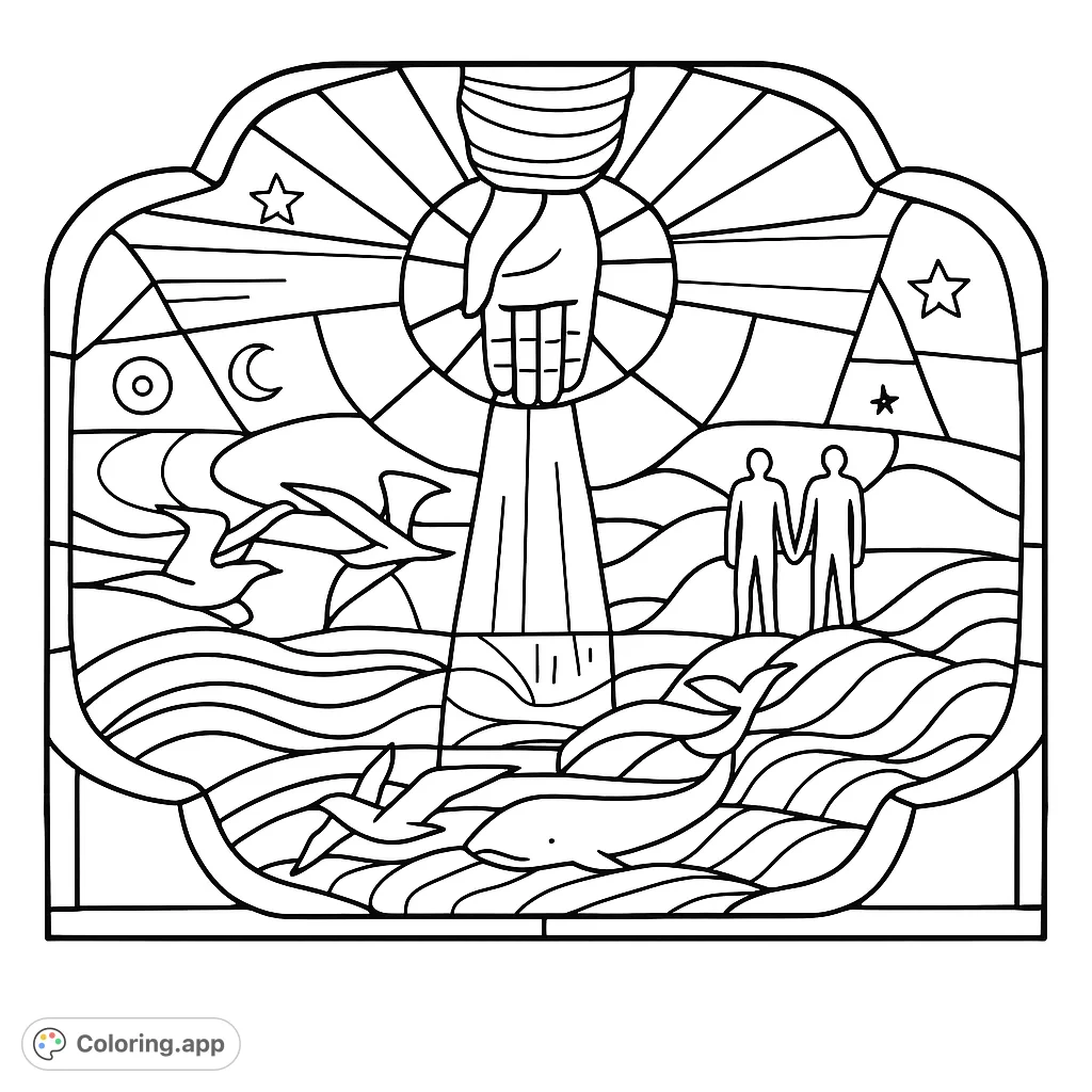 A beautiful stained glass-style creation scene featuring a divine hand, humans, animals, and nature. Perfect for a spiritual coloring page.