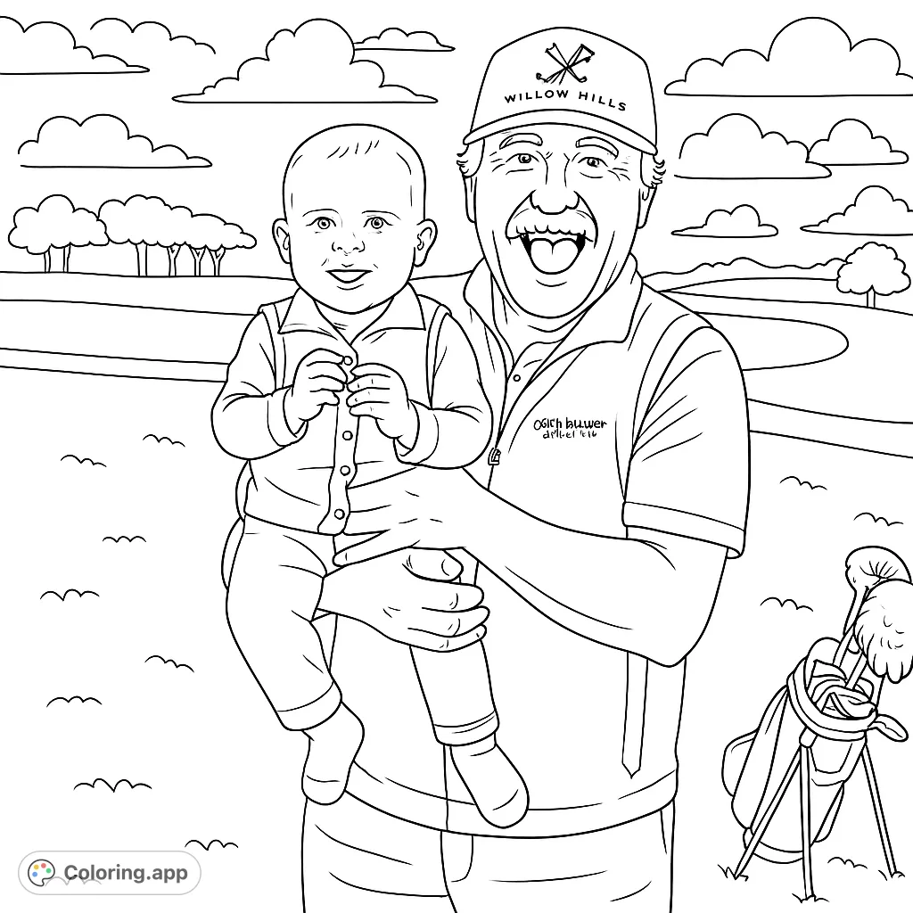 A heartwarming golf-themed coloring page featuring a joyful grandfather holding a smiling baby on a golf course, with clubs and scenic hills.
