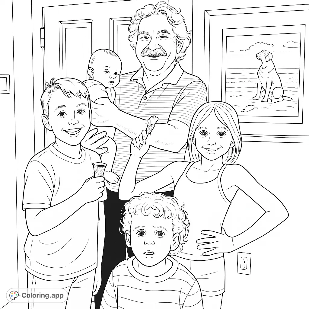 A heartwarming family coloring page featuring a grandfather, children, and a baby, perfect for celebrating family bonds. Free printable for all ages!