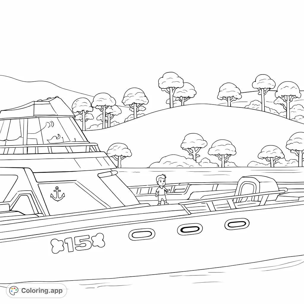 A grand adventure boat with a small captain navigates calm waters, surrounded by scenic hills and trees. Perfect for young explorers!