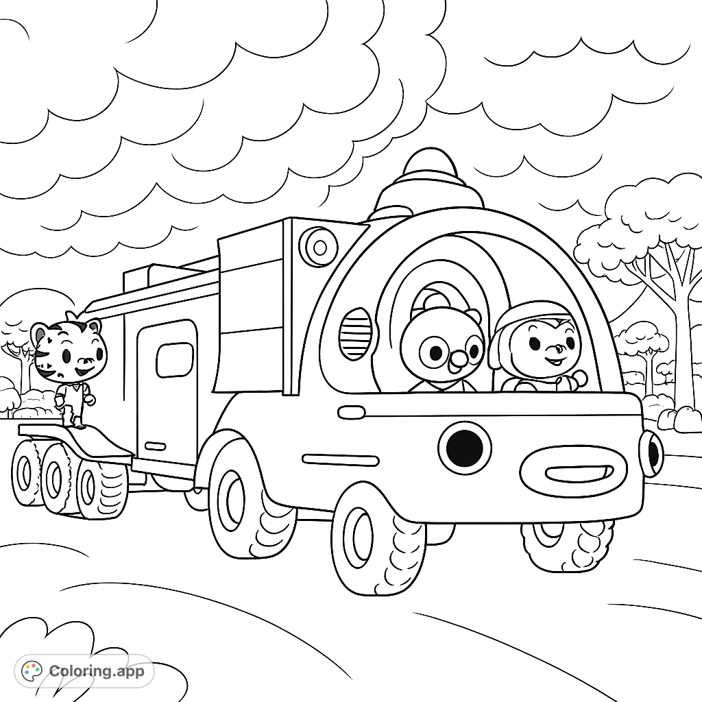 An exciting adventure truck with three animal characters on a safari journey under a cloudy sky, ready for coloring fun.