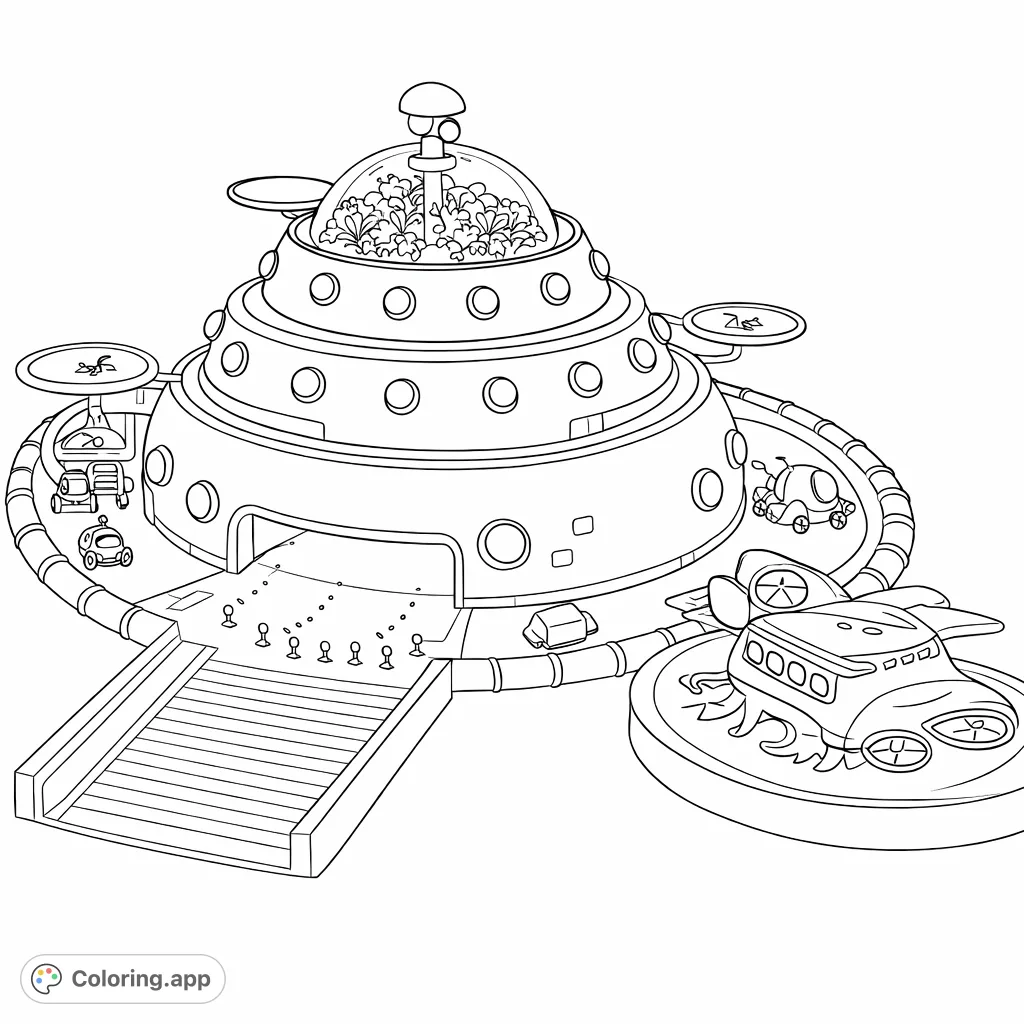 Explore a futuristic floating ocean research base with multiple vehicles, a plant-filled dome, and intricate details awaiting your creative touch. Discover adventure!