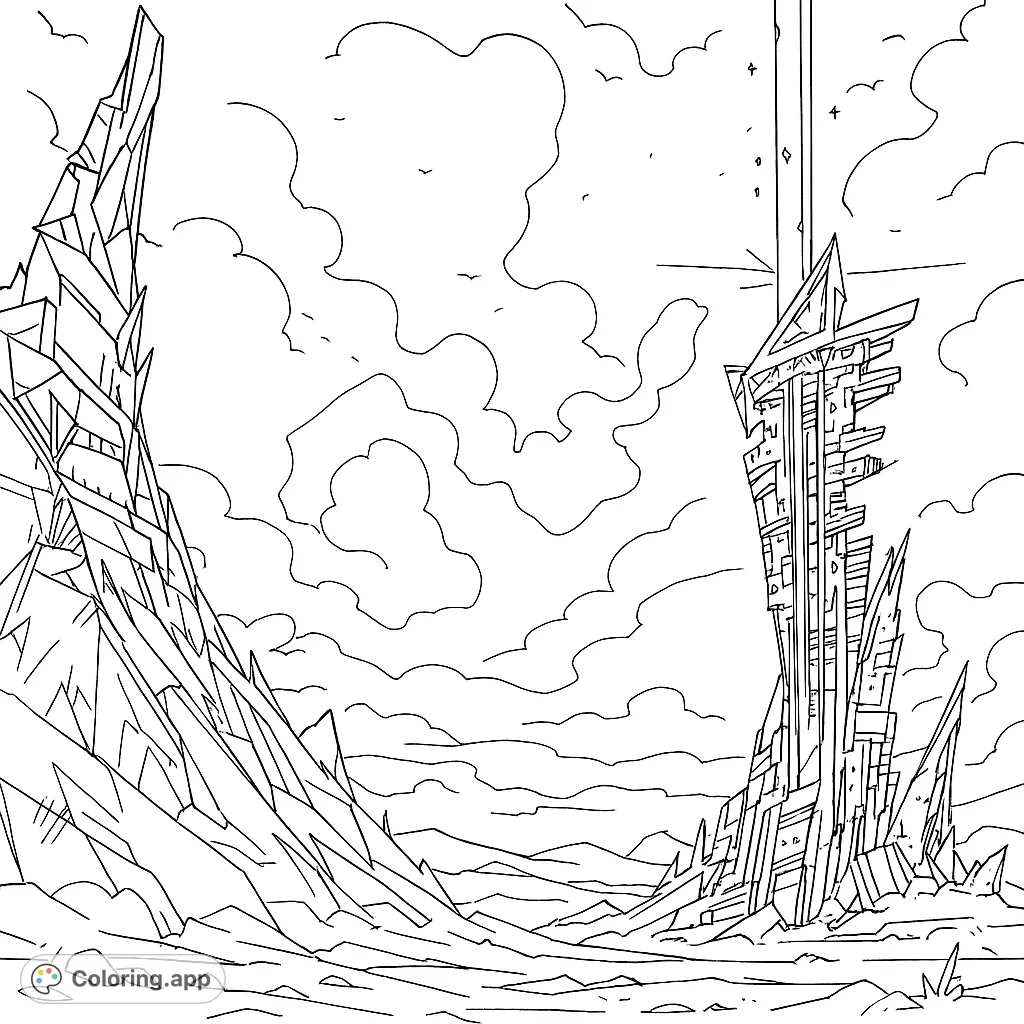 Explore a captivating futuristic landscape featuring towering crystal spires and an intricate energy tower under a cloudy sky. A unique sci-fi adventure awaits your colors!