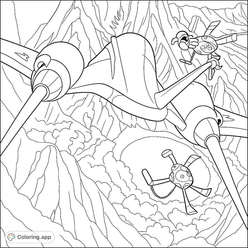 Soar through a futuristic mountain canyon with a sleek aircraft and two unique drones. A dynamic sci-fi coloring page for all ages, free printable.
