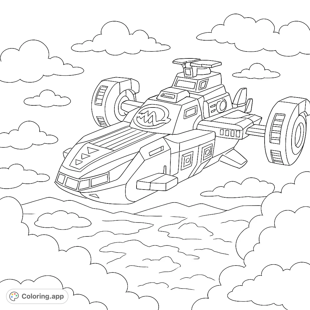 Soar through the skies with this futuristic flying vehicle coloring page! Features a sleek design, large wheels, and a cloudy landscape. Free printable fun!
