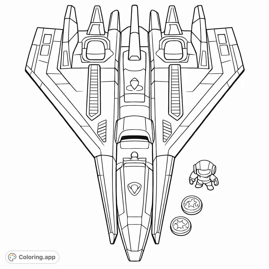 Prepare for an intergalactic journey with this exciting futuristic aircraft. Featuring sleek lines and accompanying adventure gear, it's ready for coloring fun!