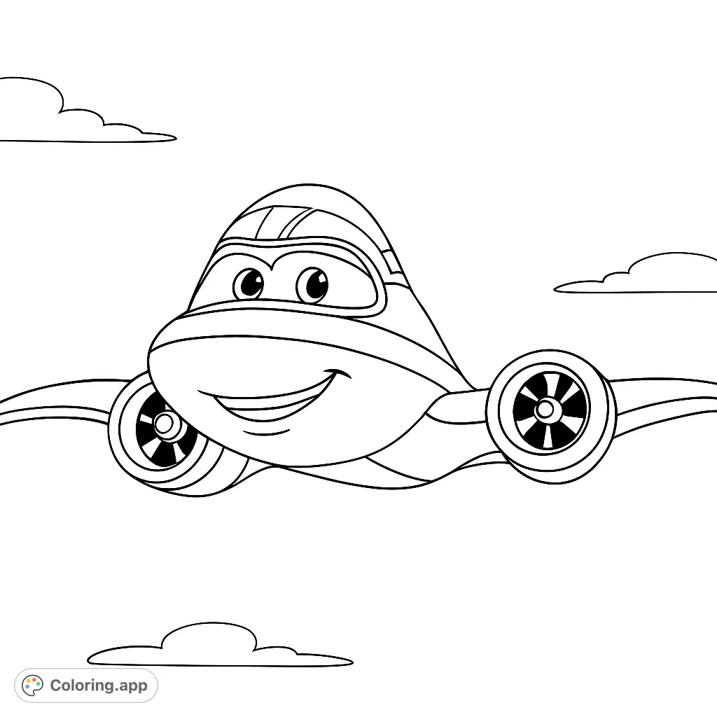 A cheerful cartoon airplane with a big smile and goggles soars through the sky, surrounded by fluffy clouds. A fun, free printable airplane coloring page!