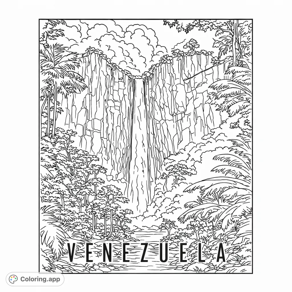 Explore a towering waterfall cascading down immense cliffs, surrounded by lush, detailed jungle foliage. A captivating nature scene for all ages.