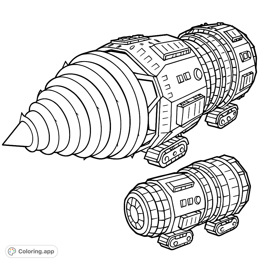 Explore a powerful futuristic drill tank with intricate details and massive tracks. A thrilling subterranean exploration coloring page for all ages.
