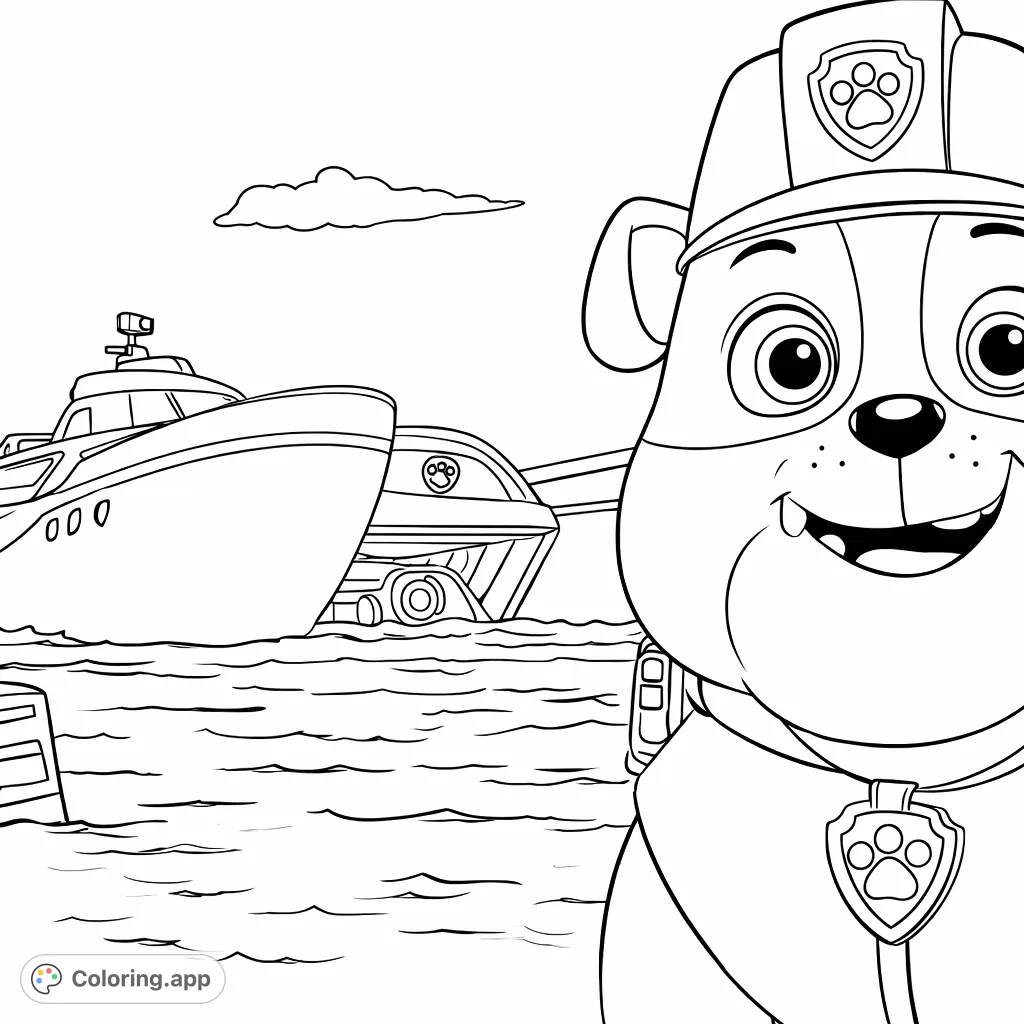 Join Rubble and his rescue boat for an exciting coloring adventure! This Paw Patrol themed page features the lovable pup and his vehicle on the water.