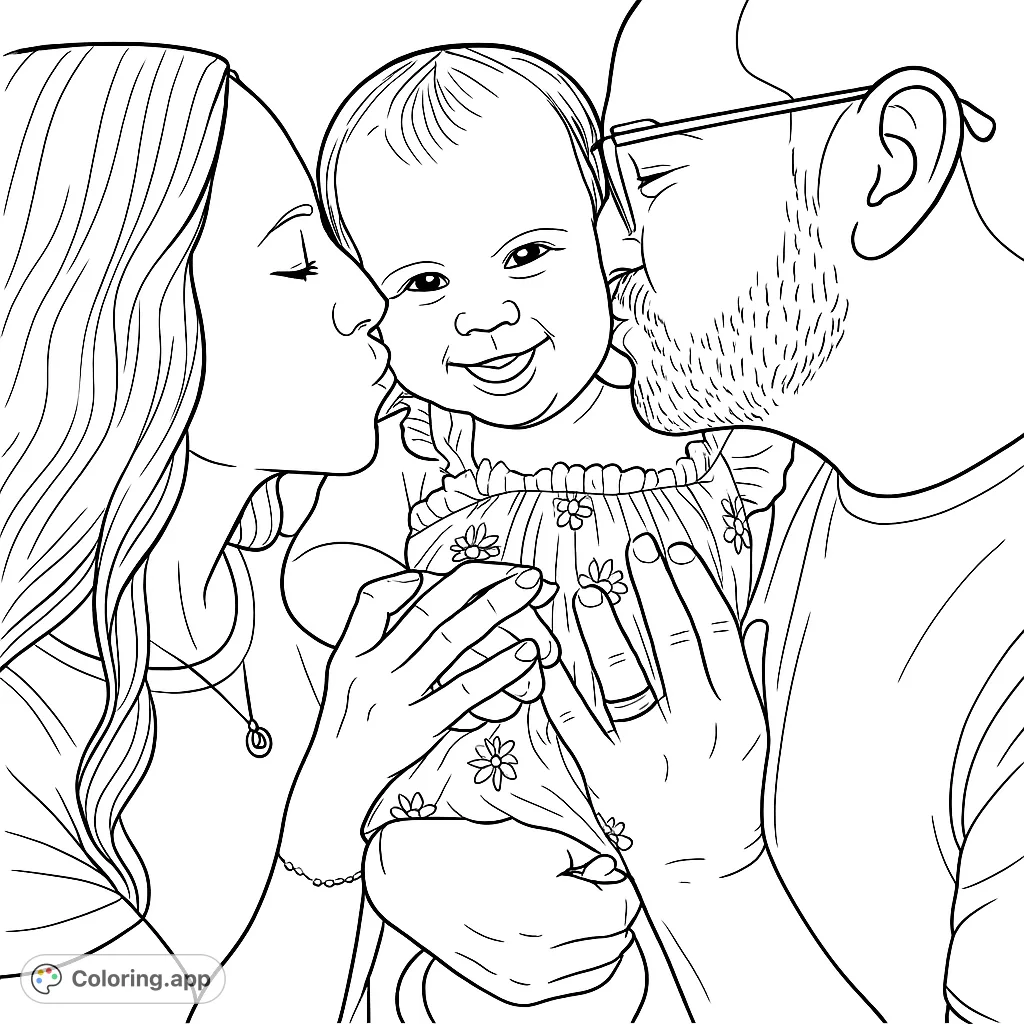 A heartwarming family portrait featuring parents kissing their joyful baby. A sweet moment for all ages to color and cherish.