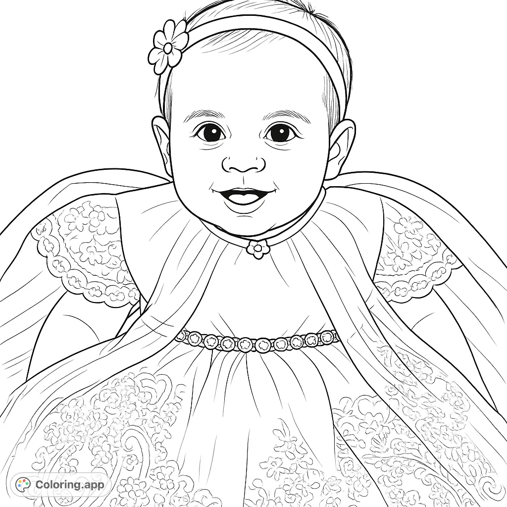A sweet baby portrait in an elaborate christening gown, perfect for celebrating special moments. Features intricate lace and a joyful expression.
