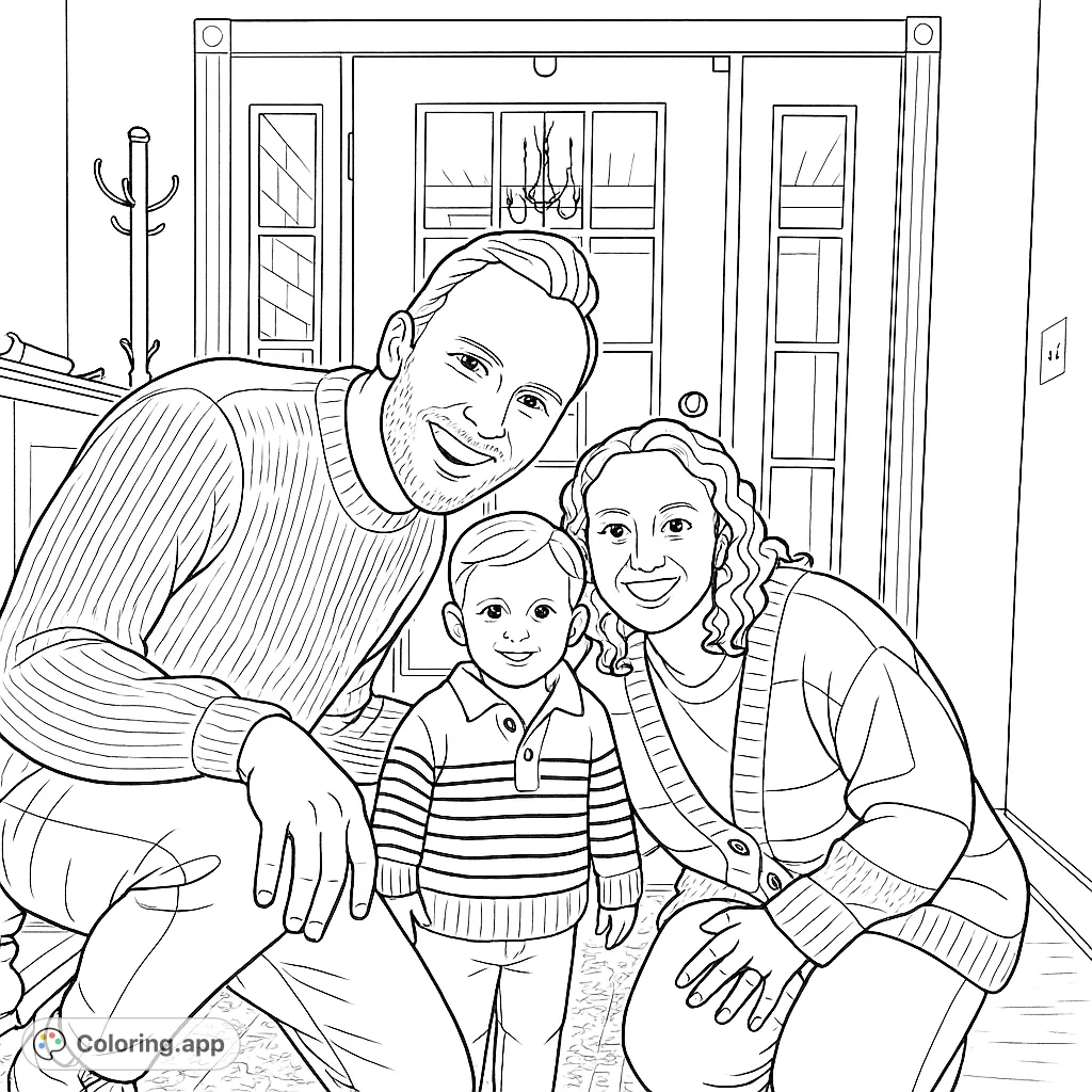 A heartwarming family portrait featuring a smiling mom, dad, and child in their home entryway. A free printable family coloring page for all ages.