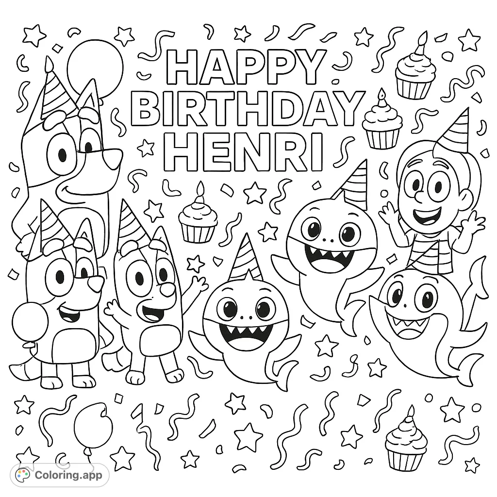 Join a lively cartoon character birthday party with festive hats, confetti, and cupcakes. A free printable celebration for kids!