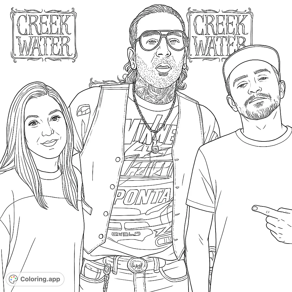 A detailed black and white line drawing of three individuals, a woman and two men, with 'Creek Water' signs. Perfect for fans.
