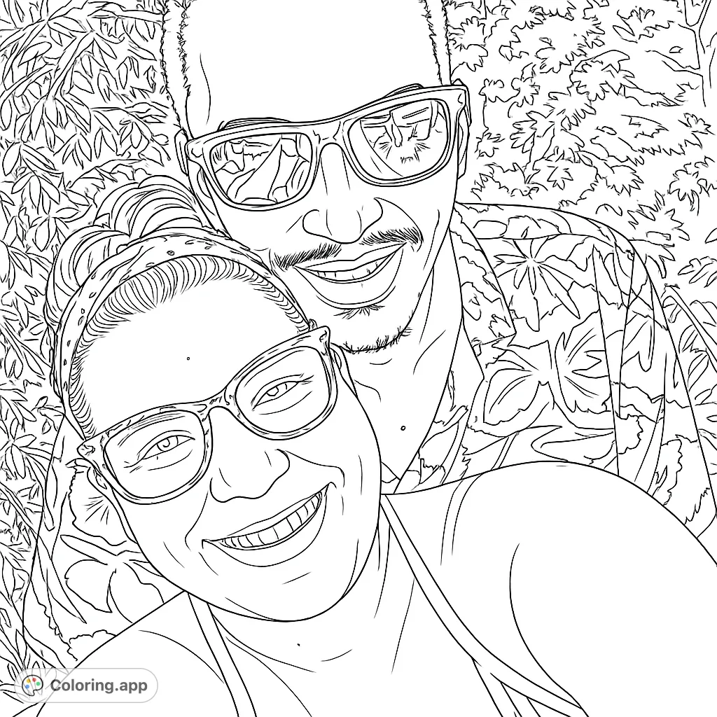 A delightful couple's selfie coloring page, perfect for capturing happy memories. Features two smiling faces, stylish glasses, and a lush natural background.