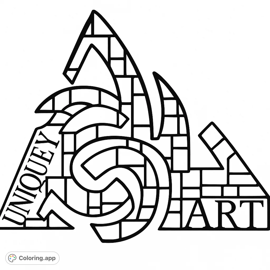 An intricate abstract geometric emblem featuring a mosaic of small shapes, a central swirl, and integrated text. A dynamic design for creative coloring.