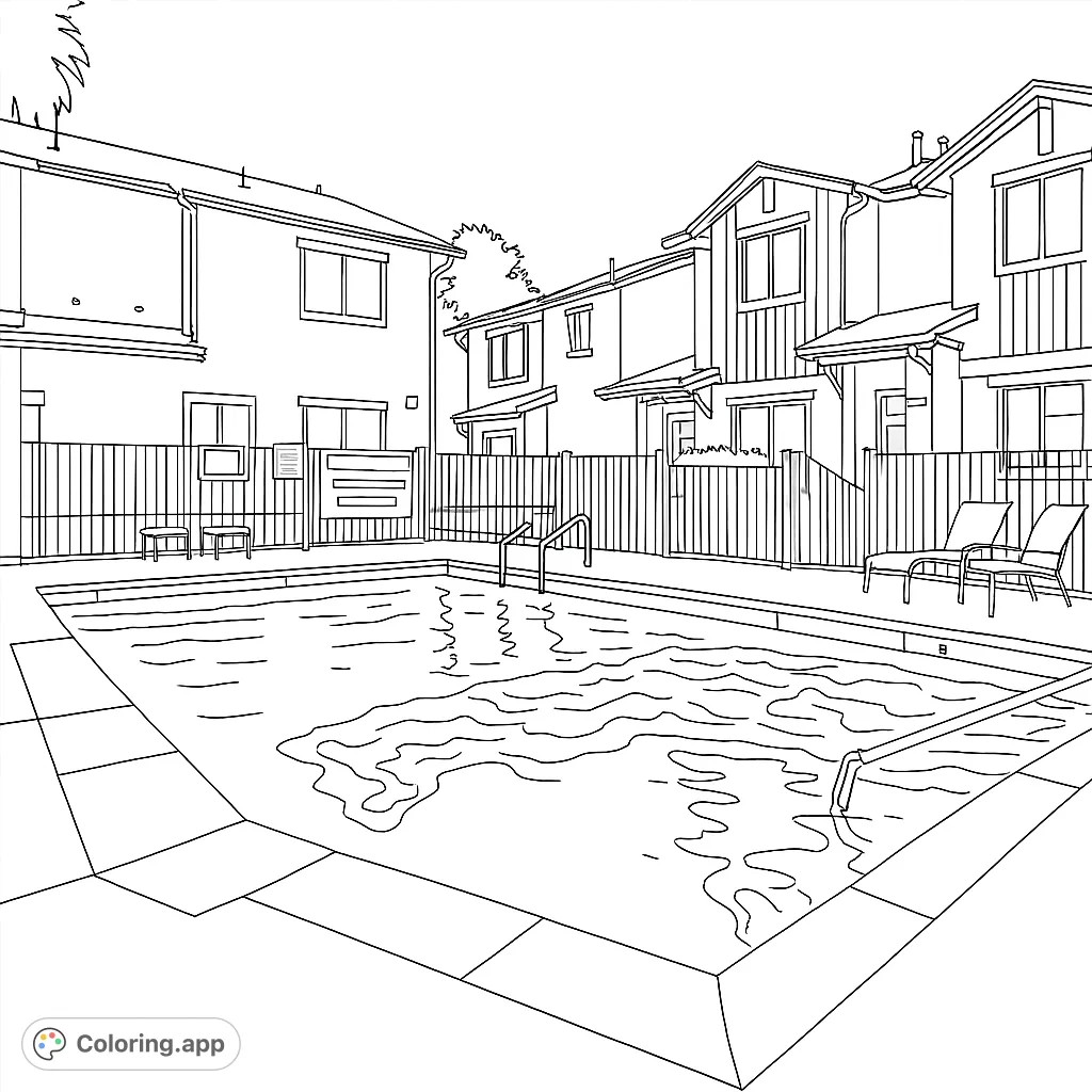 Explore a detailed community pool scene, featuring a refreshing swimming pool, surrounding residential buildings, and a clear sky. Perfect for a relaxing coloring experience.