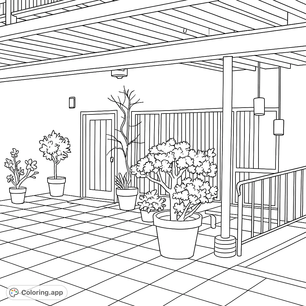 Explore a charming patio scene featuring varied potted plants, architectural details like a deck and window, and textured tile flooring. A relaxing outdoor retreat.