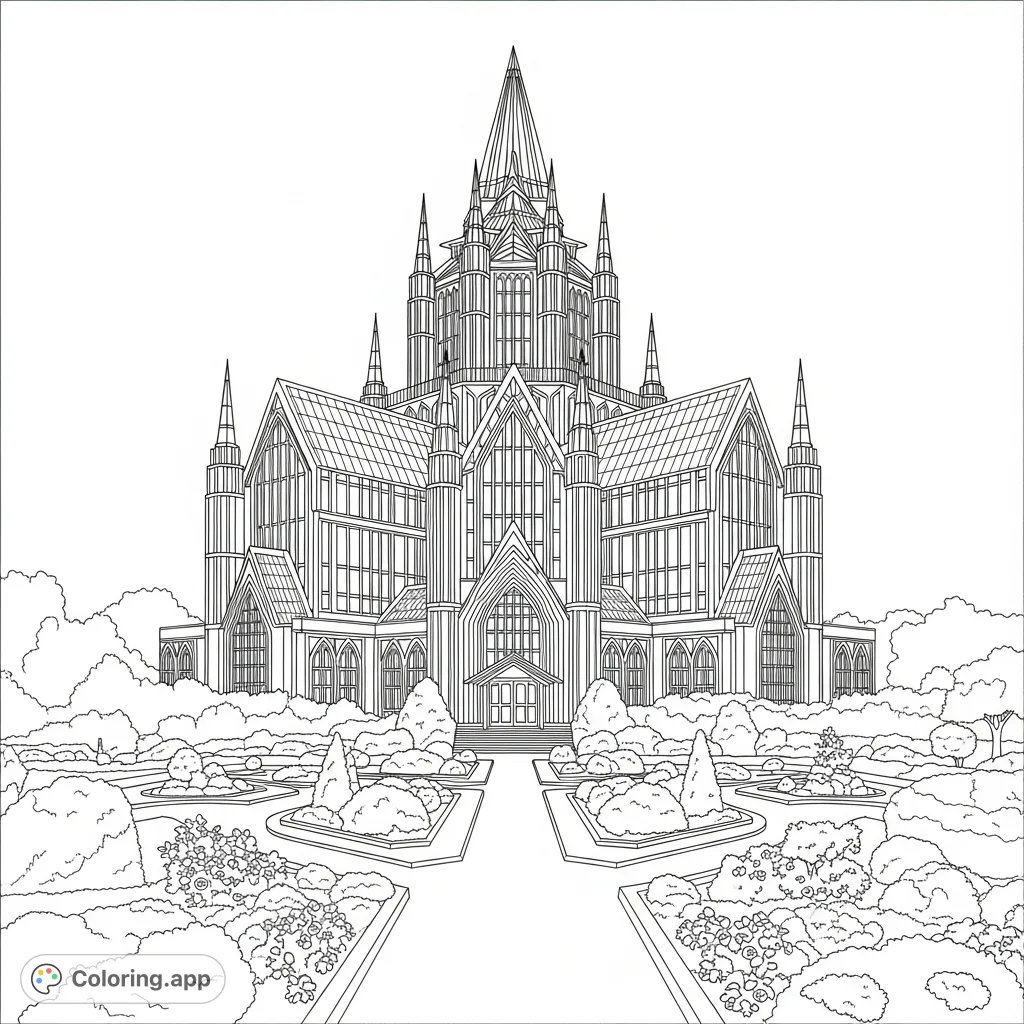 Explore the stunning architecture of the Crystal Cathedral, featuring intricate glass panels and a majestic structure. A detailed architectural coloring page.