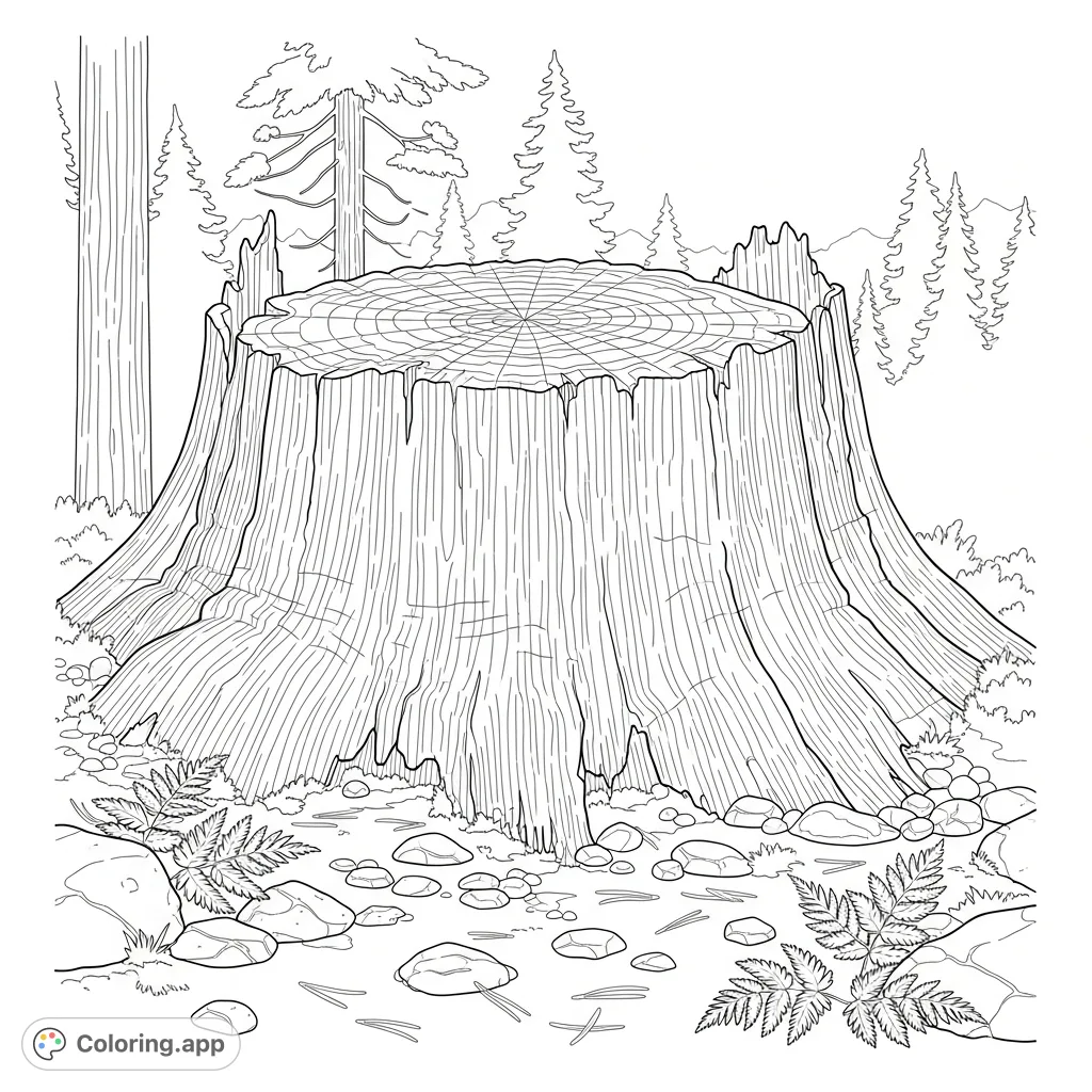 Discover the majestic Big Stump of Kings Canyon, a monumental forest relic. Intricate wood grain and rugged bark await your creative touch in this nature coloring page.