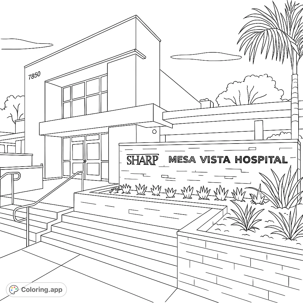 Color a modern hospital building with a grand entrance, detailed architecture, and surrounding landscaping. A free printable architectural coloring page.