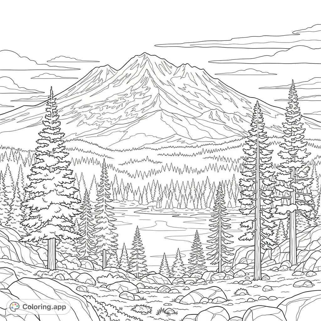 Explore the grandeur of Mount Shasta with this detailed coloring page, featuring its snow-capped peak, dense forests, and serene reflective waters.