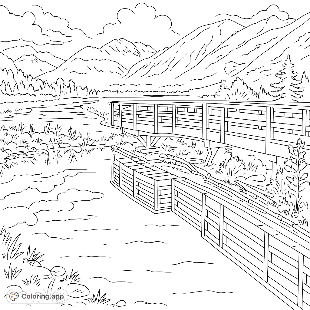 Explore a serene mountain landscape featuring a detailed wooden boardwalk over calm water, with majestic peaks and a clear reflection. Perfect for nature lovers!