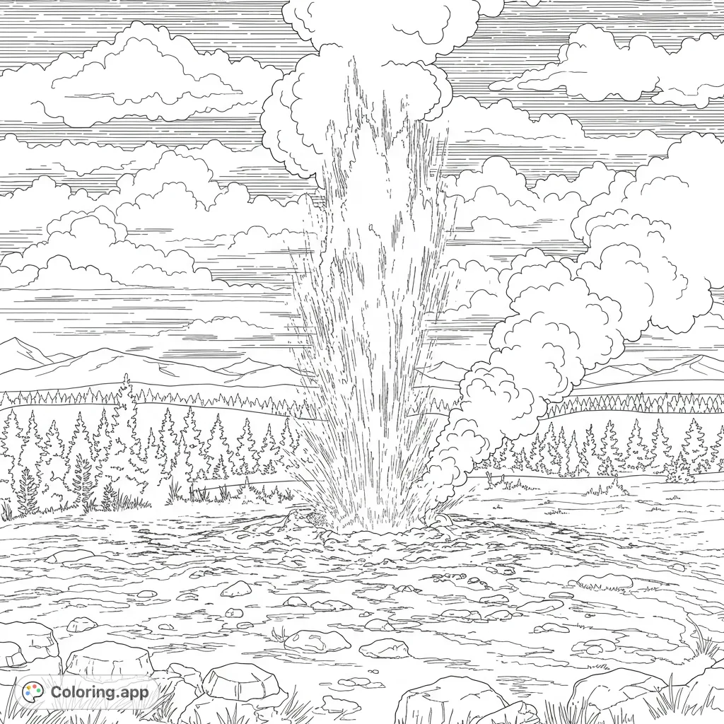 Experience the majestic eruption of Old Faithful Geyser in this detailed coloring page. Capture the power of nature with steam, water, and a scenic landscape.