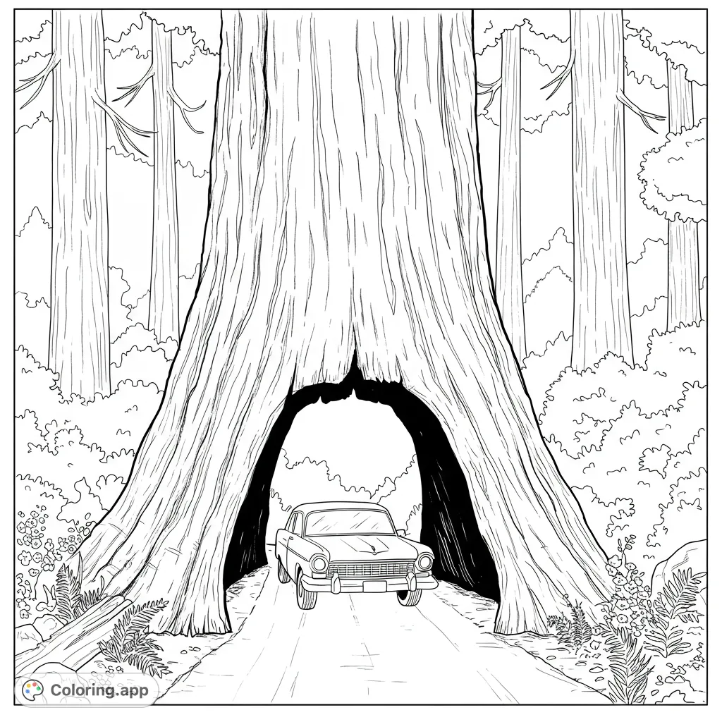 Experience the wonder of a car driving through a giant redwood tree. A unique nature scene perfect for a free printable redwood tree coloring page.